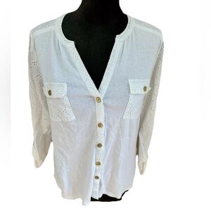 Island Republic, 3/4 length sleeves white shirt w gold buttons and eyelet design